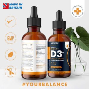 Balance Vitamin D3 + K2 Liquid Drops - High Strength 2000iu D3 + 25mcg K2-60ml Bottle - Vegan - Sublingual Fast Absorption - 75mcg per Serving - Gluten Free - GMO Free - Premium Quality - Made in UK