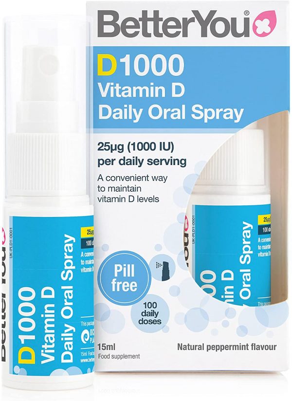 BetterYou D1000 Vitamin D Daily Oral Spray | 1000 IU (25UG) of Vitamin D3 (Cholecalciferol) | 15 ml (100 Sprays) | Natural Peppermint Flavour | Supports...