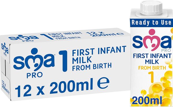 SMA PRO First Infant Baby Milk, From Birth, Ready to Drink, Liquid Formula 200 ml (Pack of 12)