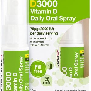 BetterYou D3000 Vitamin D Daily Oral Spray | 3000 IU (75 UG) of Vitamin D3 (Cholecalciferol) | 15 ml (100 Sprays) | Natural Peppermint Flavour | Supports...