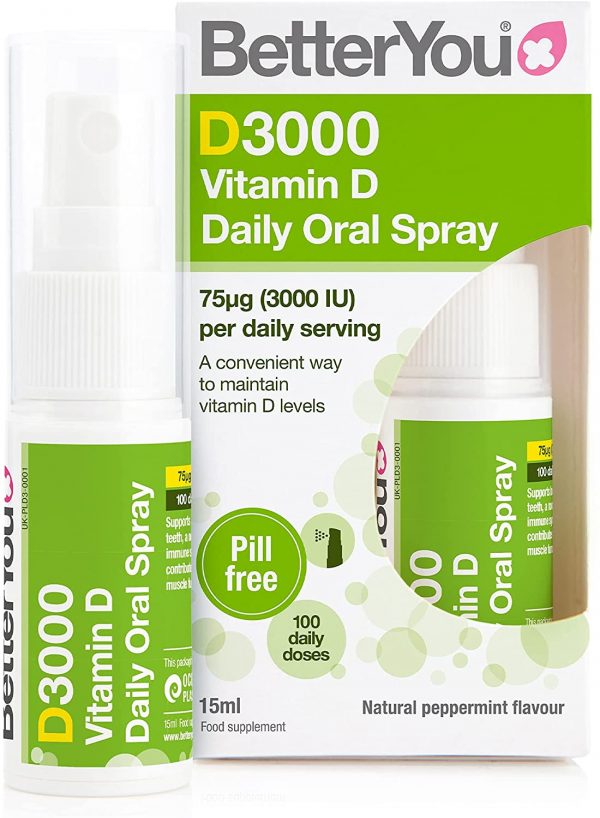 BetterYou D3000 Vitamin D Daily Oral Spray | 3000 IU (75 UG) of Vitamin D3 (Cholecalciferol) | 15 ml (100 Sprays) | Natural Peppermint Flavour | Supports...