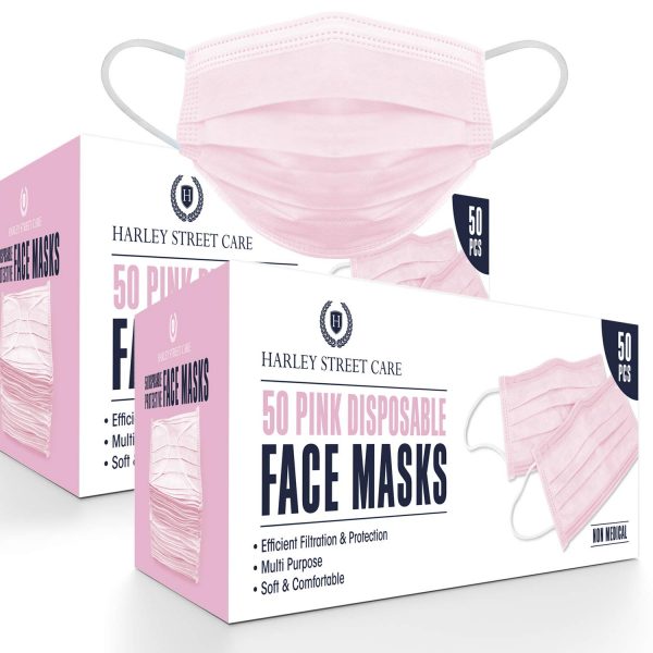 Harley Street Care Disposable Pink Face Masks Protective 3 Ply Breathable Triple Layer Mouth Cover with Elastic Earloops (Pack of 100)