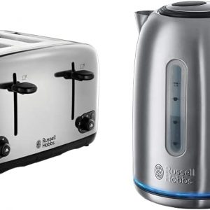 Russell Hobbs 24090 Adventure Four Slice, Brushed Polished Stainless Steel Toaster & 20460 Quiet Boil Kettle, Brushed Stainless Steel, Silver, 3000 W, 1...