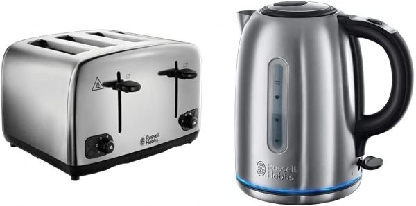 Russell Hobbs 24090 Adventure Four Slice, Brushed Polished Stainless Steel Toaster & 20460 Quiet Boil Kettle, Brushed Stainless Steel, Silver, 3000 W, 1...