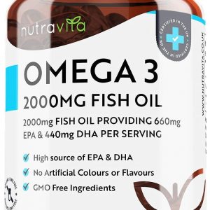 Omega 3 Fish Oil 2000mg – 240 Capsules 4 Months Supply – 660mg EPA & 440mg DHA per Daily Serving – Supports Normal Heart, Vision & Brain Function – Pure Omega 3 Capsules – Made in The UK by Nutravita