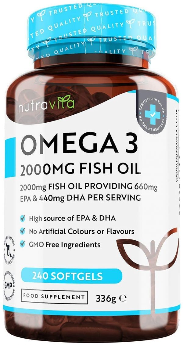 Omega 3 Fish Oil 2000mg – 240 Capsules 4 Months Supply – 660mg EPA & 440mg DHA per Daily Serving – Supports Normal Heart, Vision & Brain Function – Pure Omega 3 Capsules – Made in The UK by Nutravita