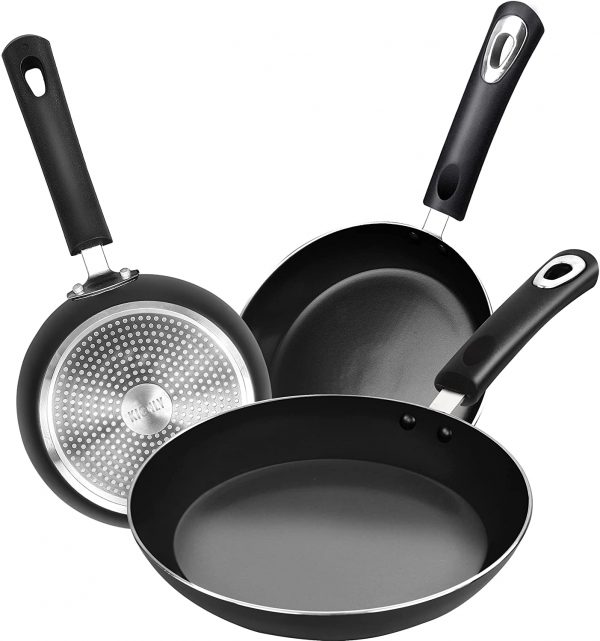 KICHLY Aluminum Nonstick Frying Pan Set - 3 Piece Induction Bottom Frying pan Set, 20cm, 24cm and 28cm, Black