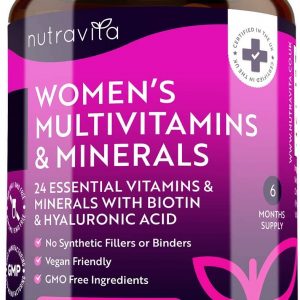 Women's Multivitamins and Minerals - 24 Essential Active Vitamins and Minerals with Added Hyaluronic Acid - 180 Vegan Tablets - No Synthetic Fillers or Binders - Made in The UK by Nutravita