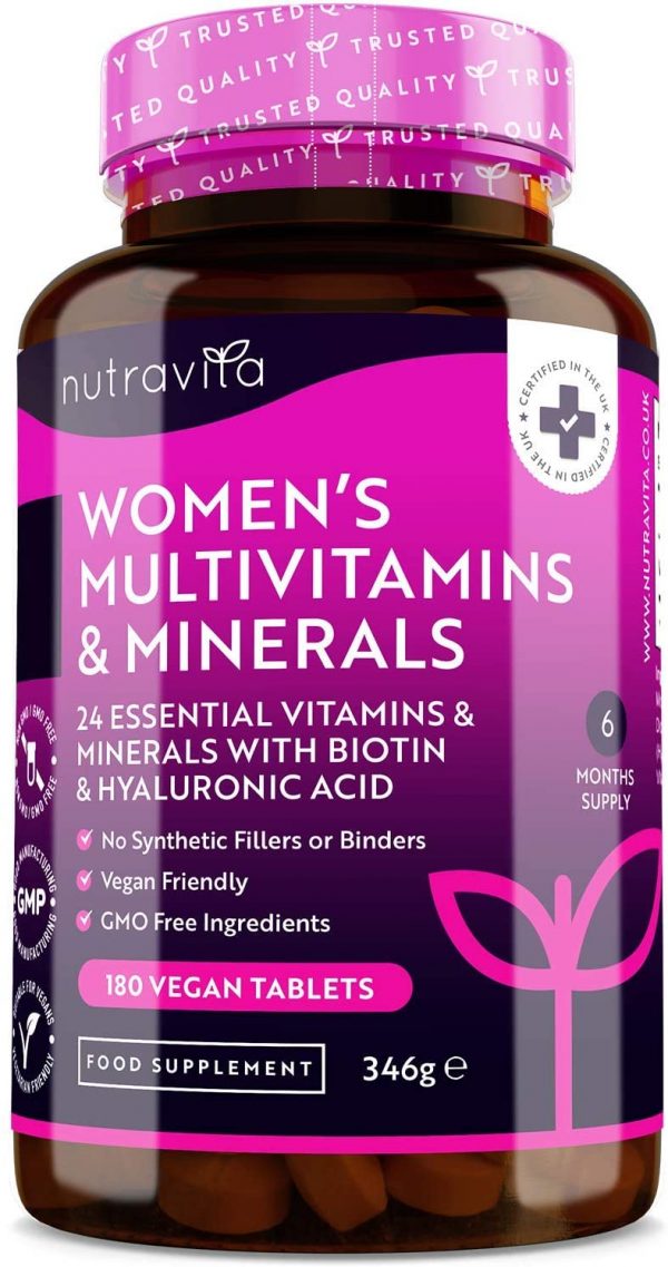 Women's Multivitamins and Minerals - 24 Essential Active Vitamins and Minerals with Added Hyaluronic Acid - 180 Vegan Tablets - No Synthetic Fillers or Binders - Made in The UK by Nutravita