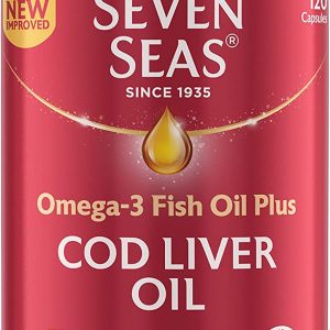 Cod Liver Oil One-A-Day by Seven Seas, Omega-3 supplement supporting Brain, Heart, Vision, Plus High Strength Vitamin D for the immune system, 120 Capsules