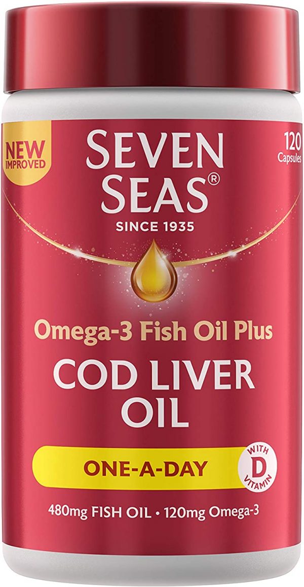 Cod Liver Oil One-A-Day by Seven Seas, Omega-3 supplement supporting Brain, Heart, Vision, Plus High Strength Vitamin D for the immune system, 120 Capsules