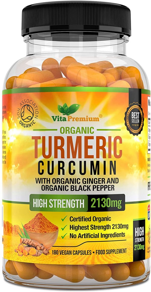 Organic Turmeric Curcumin 2130mg per Serving with Ginger and Black Pepper - 180 Vegan Capsules - High Strength Supplement