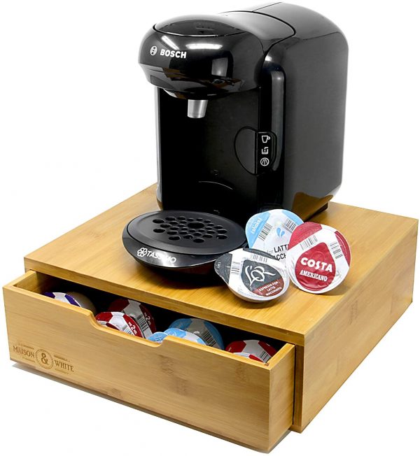 Bamboo 64 Coffee Pod Drawer | Tassimo Pod Compatible | Coffee Machine Stand | Pod Drawer Dispenser | Wooden Kitchen Storage for Coffee & Tea | M&W