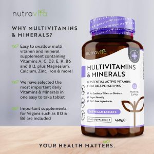 Multivitamins & Minerals - 365 Vegan Multivitamin Tablets - 1 Year Supply - Multivitamin Tablets for Men and Women with 26 Essential Active Vitamins...