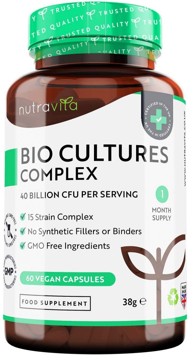 Super Strength 40 Billion CFU Bio Cultures Complex with 15 Live Strains – Advanced Multi Strain Formula – Vegan Capsules – Digestive Enzyme Supplement for...