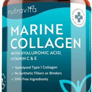 Super Strength Marine Collagen 1000mg Enhanced with Hyaluronic Acid 100mg - 90 Capsules of Hydrolysed Collagen - Vitamin C, Vitamin E, Vitamin B2, Zinc, Copper and Iodine - Made in The UK by Nutravita
