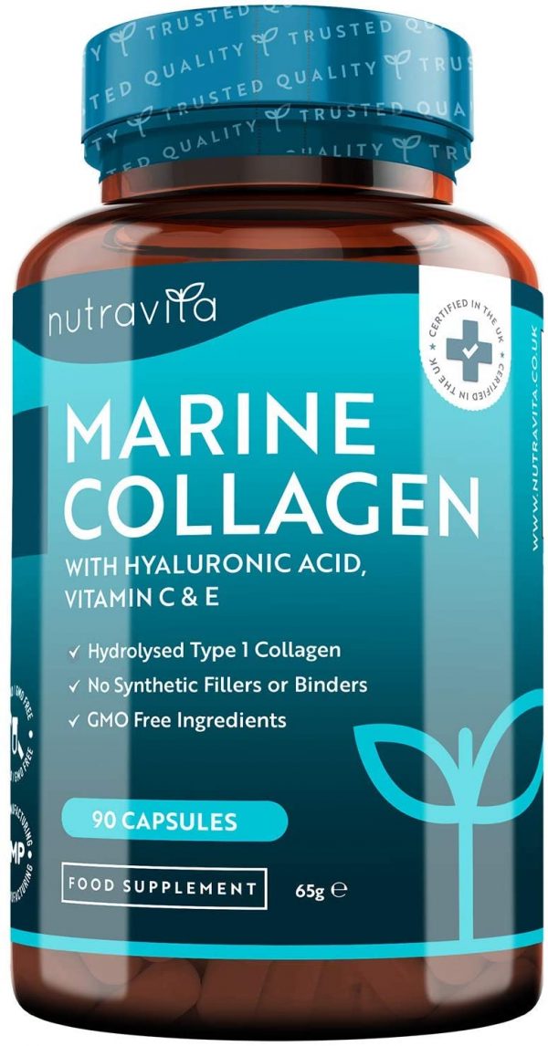 Super Strength Marine Collagen 1000mg Enhanced with Hyaluronic Acid 100mg - 90 Capsules of Hydrolysed Collagen - Vitamin C, Vitamin E, Vitamin B2, Zinc, Copper and Iodine - Made in The UK by Nutravita