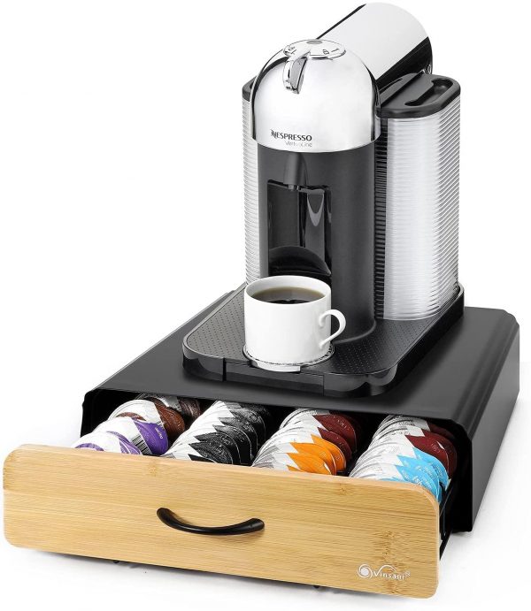 Vinsani 64 Capsules Coffee Pod Storage with Bamboo Brown Sliding Drawer - Stackable Holder Tray Organiser Box for Tassimo Coffee Pods Non-Slip Surface Place...