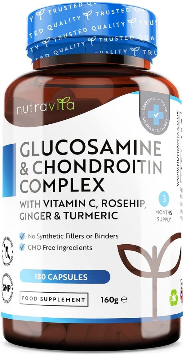Glucosamine and Chondroitin Complex – 180 High Strength Capsules – Contributes to The Maintenance of Normal Immune System – with Vitamin C, Turmeric, Ginger...