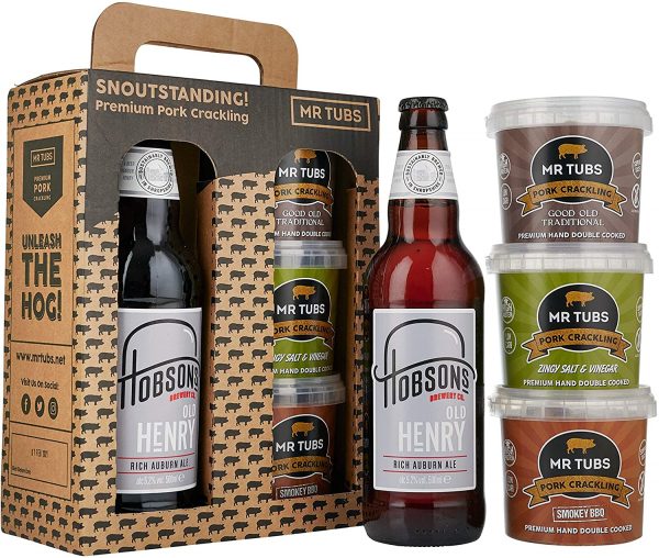 Mr Tubs Premium Double Hand Cooked Pork Crackling - with Hobsons Old Henry Real Ale Beer - 1 x 500ml Bottle Gift Set with Carry Case