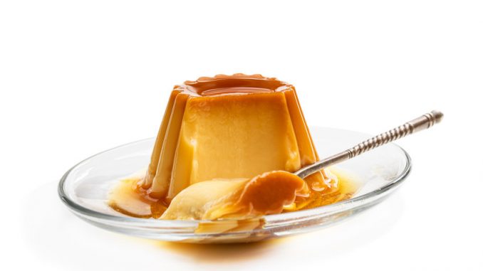 Creme caramel custard pudding isolated in white.