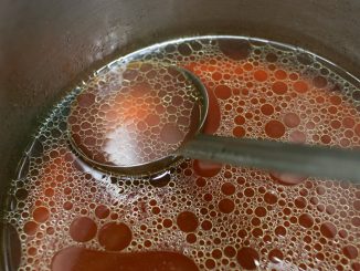 Close up shot of a pot of rich meat stock (brown stock)with a ladle.