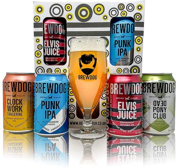 Brewdog UK Craft Beer 4 Can Gift Set with Branded Glass - (Punk IPA, Dead Pony, Elvis Juice, Clockwork Tangerine)