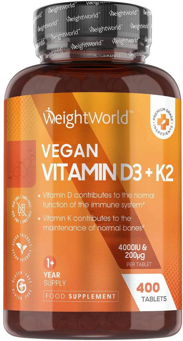 Vegan Vitamin D3 K2 Tablets - 4000iu Vitamin D High Strength Tablets with 200mcg K2 Vitamin (MK7) - 400 Vit D3 And K2 Tablets (1+ Year Supply) - Vitamin D...