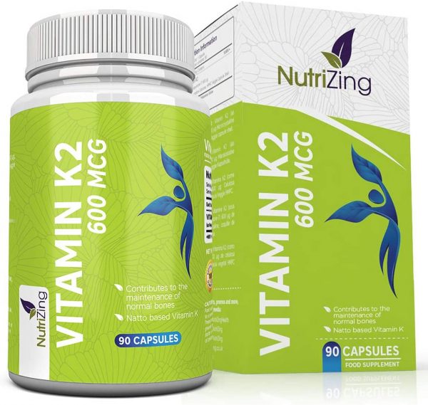 Vitamin K2 MK-7 600mcg by NutriZing - Fermented Natto Based Vegan Vitamin K - 90 Capsules - Supports Maintenance of Normal Bones - Certified Vegan by the...