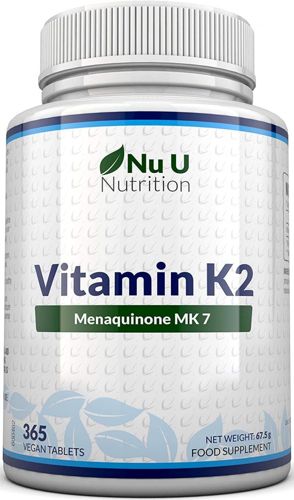 Vitamin K2 MK 7 200mcg - 365 Vegetarian and Vegan Tablets (not Capsules) - One Year Supply of High Strength Vitamin K2 Menaquinone MK7 from Trans-Isomer by Nu U Nutrition