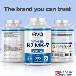 Vitamin K2 MK 7 200mcg | 365 Vegetarian and Vegan Tablets (not Capsules) | One Year Supply of High Strength Vitamin K2 Menaquinone MK7 Produced in the UK by EVO NUTRITION