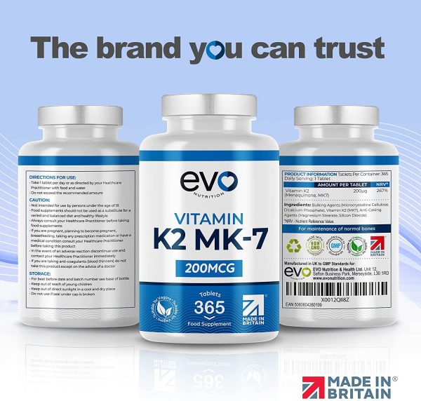 Vitamin K2 MK 7 200mcg | 365 Vegetarian and Vegan Tablets (not Capsules) | One Year Supply of High Strength Vitamin K2 Menaquinone MK7 Produced in the UK by EVO NUTRITION