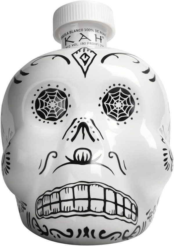 KAH Tequila Blanco in Hand Painted White Ceramic Day of the Dead Skull Bottle - 40% vol 70 cl (0.7L)