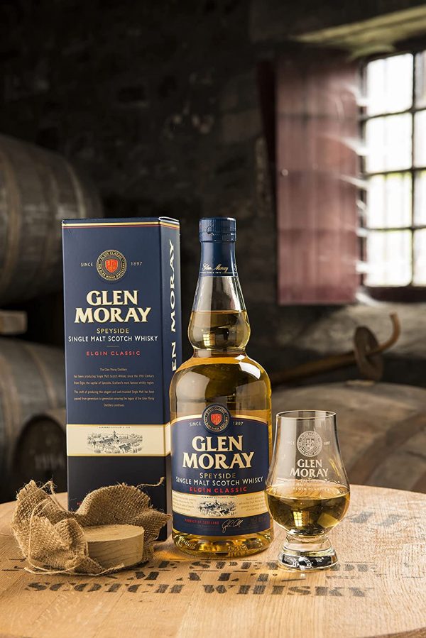 Glen Moray Classic single malt Scotch whisky 70cl 40% ABV, Speyside region whisky matured in ex-Bourbon casks. Distilled and matured in Elgin, Scotland