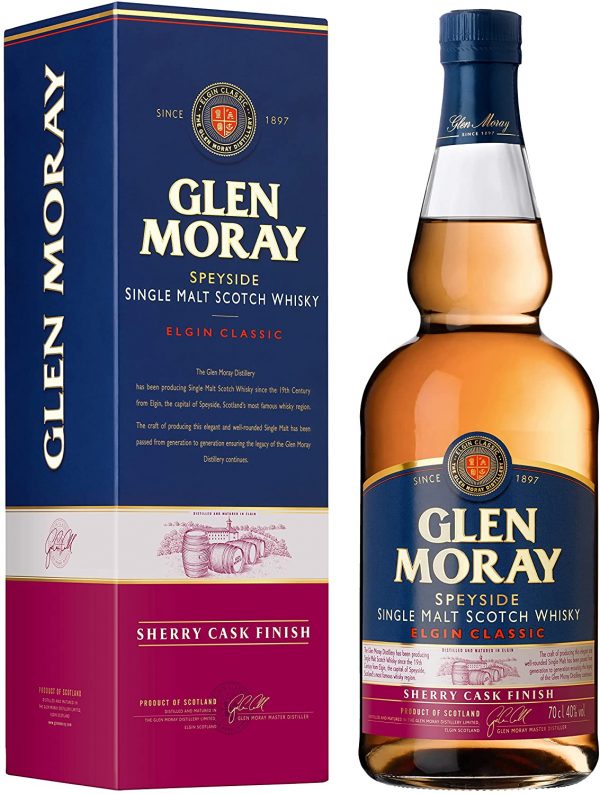 Glen Moray Sherry Cask Finish single malt Scotch whisky 70cl 40% ABV, Speyside region whisky matured in ex-Bourbon and finished in ex-Sherry Wine casks. Distilled and matured in Elgin, Scotland