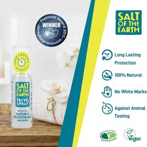 Salt Of the Earth Natural Deodorant Travel Spray, Fragrance Free, Vegan, Long Lasting Protection, Leaping Bunny Approved, Made in UK, 50 ml