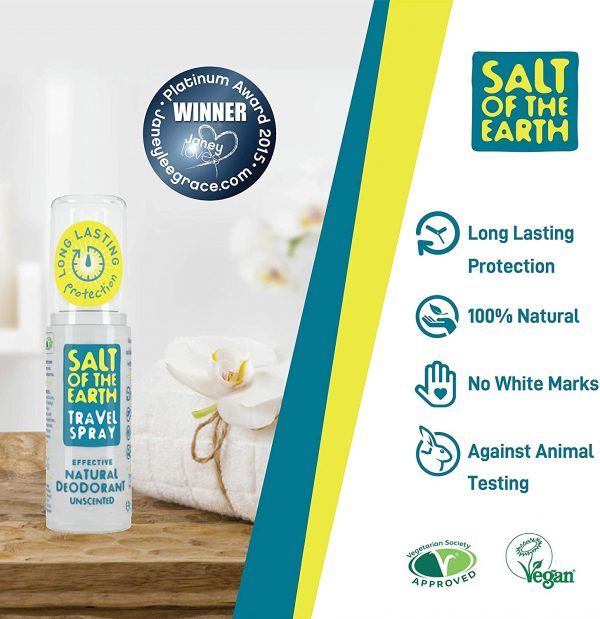 Salt Of the Earth Natural Deodorant Travel Spray, Fragrance Free, Vegan, Long Lasting Protection, Leaping Bunny Approved, Made in UK, 50 ml