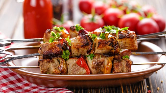 lemon chicken kebab, peppers and onion