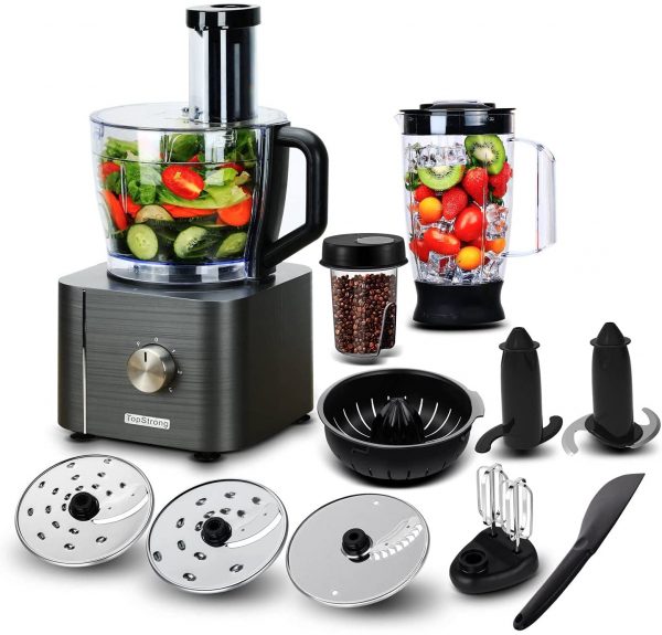 Food Processor, TopStrong 11-in-1 Food Processor and Blender with Chopping Blending Kneading Grinding Whisking Juicing, 1100W, 3 Speeds Plus Pulse, 3.2 L Bowl and 1.5L Jug Blender