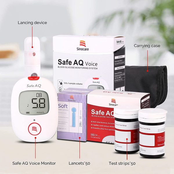 Diabetes Test Kit, Blood Sugar Tester [Upgrade Version] with Voice Reminder and Light Warning Blood Glucose Monitor with Test Strips x 50 and Lancet x 50, Sinocare Safe AQ Voice Glucometer -in mmol/L