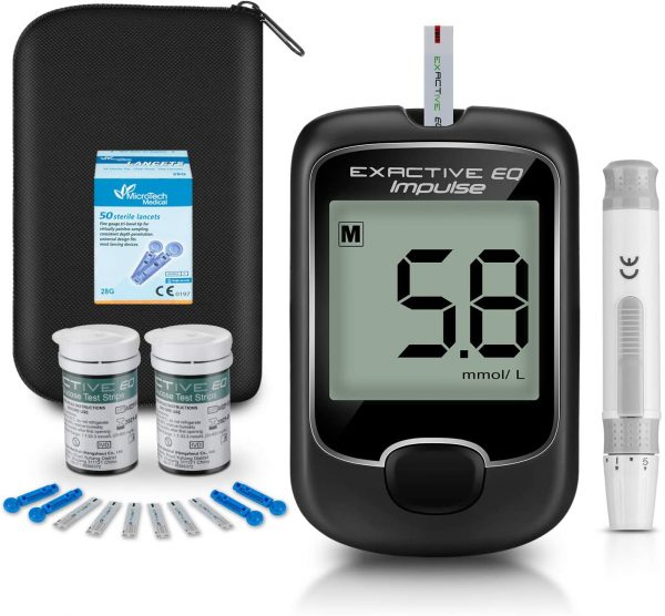 Diabetes Testing Kit [2020 Upgrade] Blood Glucose Monitor Meter Blood Sugar Tester with 50 Test Strips and 50 Lancets in mmol/L by Exactive EQ Impulse