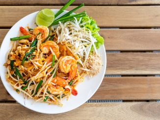 shrimp pad thai (stir-fried rice noodles with shrimps) - Thai food.