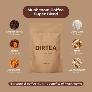 DIRTEA Mushroom Coffee Blend (60 Serving) Instant - 100% Roasted Arabica Organic Coffee with Organic Chaga, Cordyceps and Lion’s Mane Mushrooms, Maca &...
