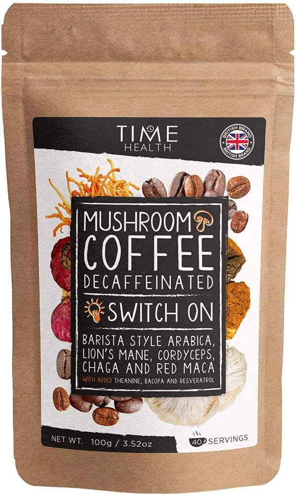 Decaf Mushroom Coffee Blend (Instant) - Arabica Coffee, Lion's Mane, Cordyceps, Chaga, Red Maca, Theanine, Bacopa & Resveratrol - Natural Energy...