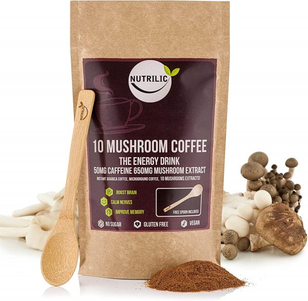 NUTRILIC 10 Mushroom Coffee (40 Servings)- Instant Arabica with Micro Ground Coffee Beans and Chaga, Cordyceps, Lion?s Mane, Reishi, Maitake, Shitake, Black...