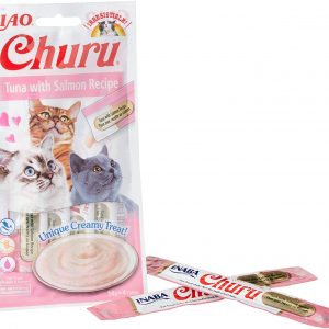 Inaba Churu lick-able puree treat for cats Tuna & Salmon Pack of 4 x 14g Tubes, pink