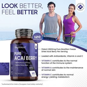 Pure Acai Berry Capsules 2600mg - 120 Vegan Capsules (2 Months Supply) - Brazilian Freeze Dried Acai Berries For Overall Health - Acai Berry Supplement For...