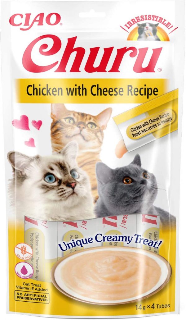 INABA Churu lick-able puree treat for cats Chicken & Cheese Pack of 4 x 14g Tubes Yellow