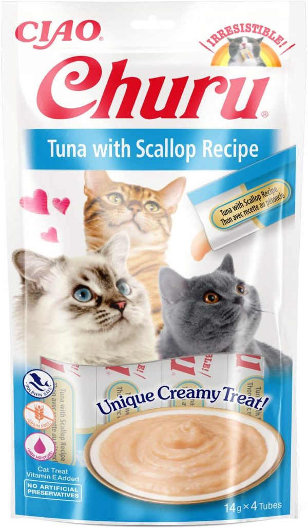 Inaba Churu lick-able puree treat for cats Tuna & Scallop Pack of 4 Tubes, blue