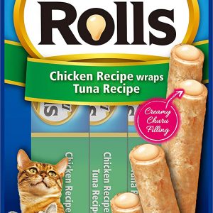 INABA Churu Rolls - Cat treats for hand feeding - Delicious cat snacks with creamy filling - Chicken coated with tuna fish, Blue